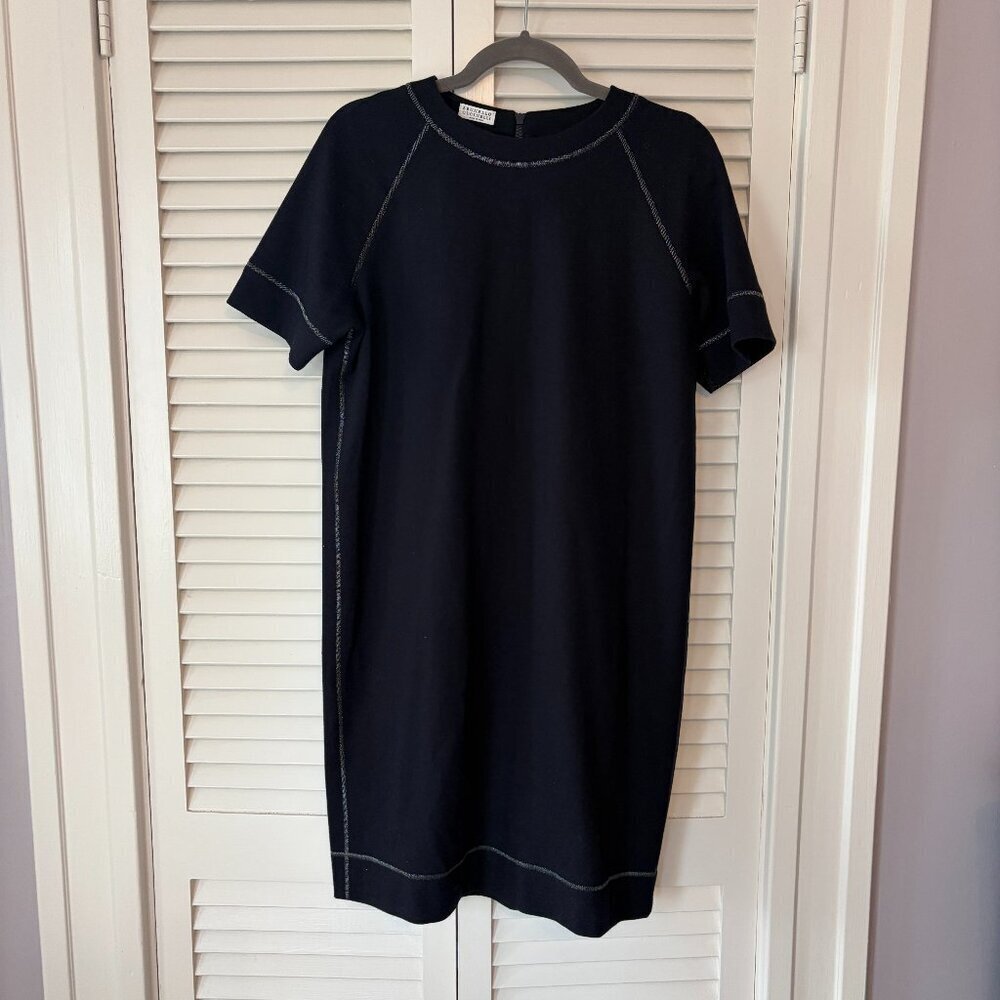 Brunello Cucinelli wool dress medium shift navy blue short sleeves